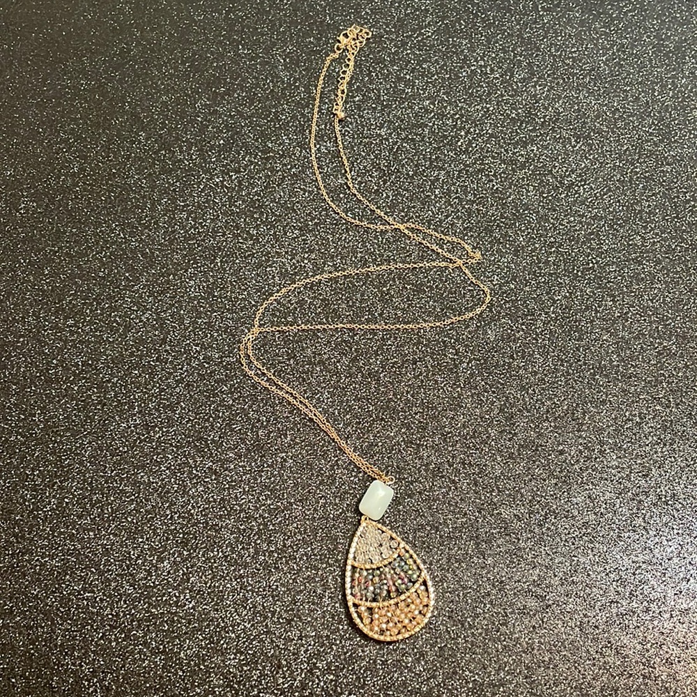 Long necklace costume gold w mint green stone and beads